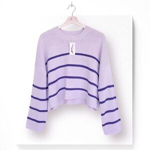 Jessica Simpson Cropped Sweater Knit Stripe Drop Shoulder Round Neck Pullover